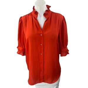 Ann Taylor Red Ruffle Collar Short Puff Sleeve Button Down Shirt Blouse Top Sz L